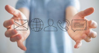 İnce çizgi iletişim simgesini kullanarak arka plan bulanık üzerinde işadamı