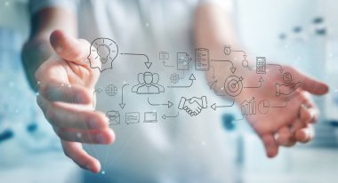 İnce çizgi simgesini proje planı sunusu kullanarak arka plan bulanık üzerinde işadamı