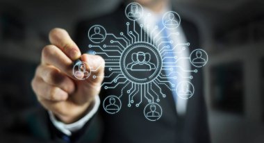 İnce çizgi sosyal ağ simgeleri arabirimi çizim arka plan bulanık üzerinde işadamı