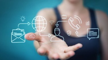 İşkadını üzerinde ince çizgi sosyal ağ simgeleri arabirimini kullanarak arka plan bulanık