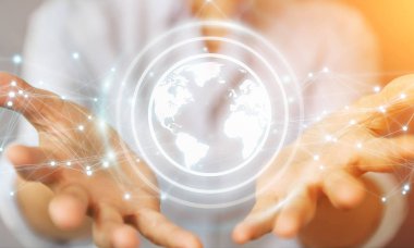 İşkadını planet earth ağ küre arabirimi 3d rendering kullanarak arka plan bulanık üzerinde