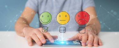 İnce çizgi müşteri memnuniyeti derecelendirme ile cep telefonunu kullanarak iş adamı