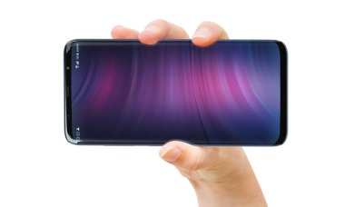 Modern smartphone 3d render beyaz arka plan üzerinde tutan izole kadın el