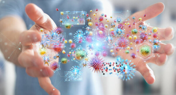 Businessman on blurred background analyzing bacteria microscopic close-up 3D rendering
