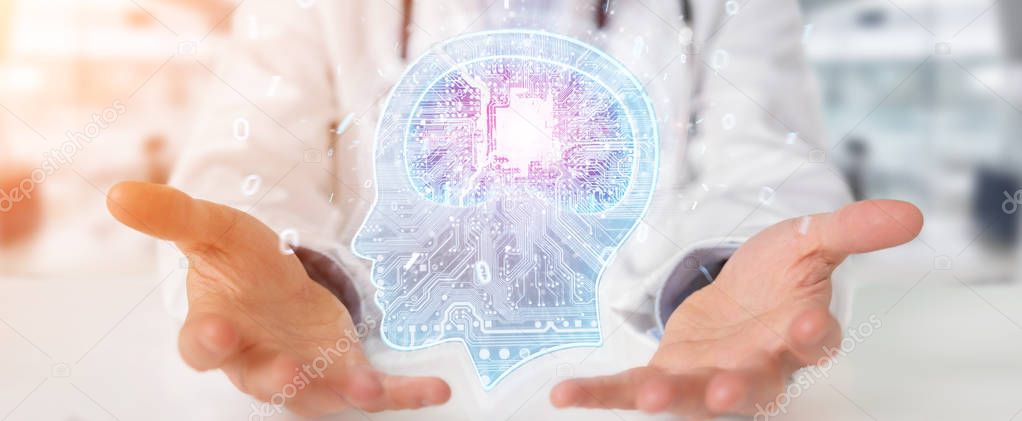 Doctor on blurred background creating artificial intelligence interface 3D rendering