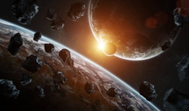 Güneş doğarken dış gezegenlerle uzaydaki uzak gezegen sistemi NASA tarafından desteklenen bu görüntünün elementlerini oluşturur.