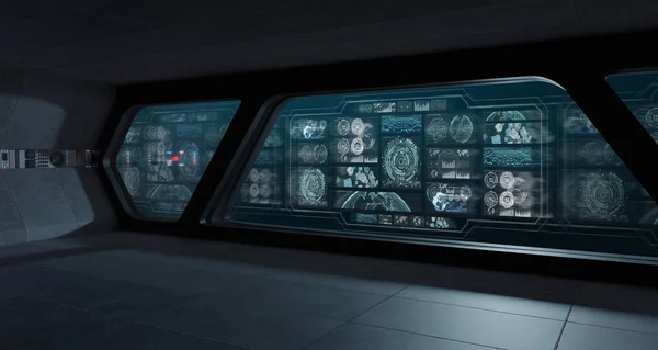 Interieur Van Donkere Ruimteschip Ruimte Met Het Configuratiescherm Digitale Schermen — Stockfoto
