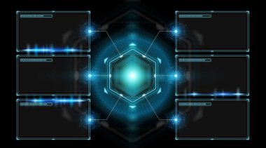 Dijital ekranlar arayüzü hologramlar veriler siyah arka planda 3d render ile