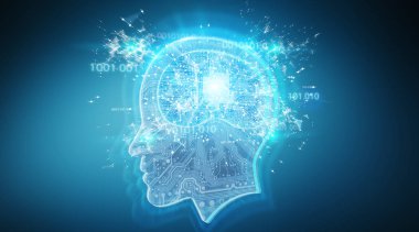 Yapay zeka dijital beyin üzerinde mavi arka plan 3d render