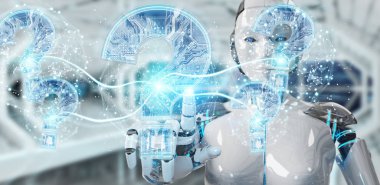 Cyborg bulanık arka plan dijital soru işaretleri 3d render ile sorun çözme