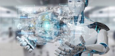 Cyborg tel kafes sanal 3d dijital projeksiyon bir Engine kullanarak arka plan bulanık üzerinde