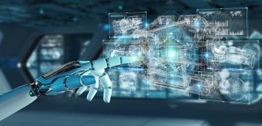 Cyborg tel kafes sanal 3d dijital projeksiyon bir Engine kullanarak arka plan bulanık üzerinde