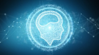 Dijital yapay zeka simgesi hologram üzerinde mavi arka plan 3d render