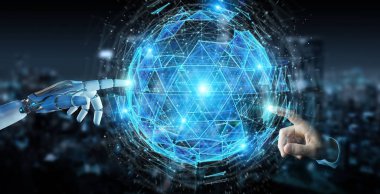 Beyaz robot el dijital üçgen küre hologram 3d render patlayan kullanarak arka plan bulanık üzerinde