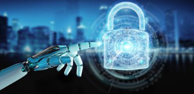 Arka plan bulanık 3d render robot tarafından kullanılan web güvenlik koruma arayüzü