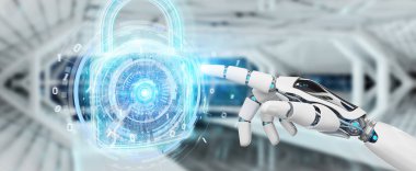 Arka plan bulanık 3d render robot tarafından kullanılan web güvenlik koruma arayüzü