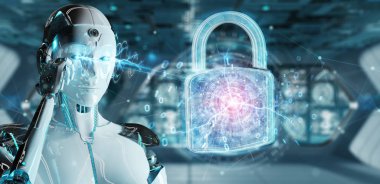 Arka plan bulanık 3d render robot tarafından kullanılan web güvenlik koruma arayüzü