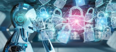 Arka plan bulanık 3d render robot tarafından kullanılan web güvenlik koruma arayüzü