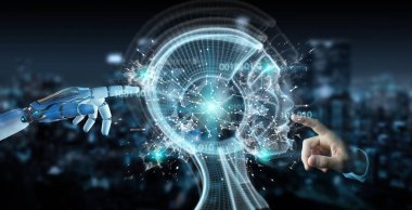 Yapay zeka 3d render oluşturma bulanık arka plan üzerinde beyaz cyborg el