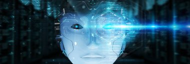 Cyborg head using artificial intelligence to create digital interface on city bokeh background 3D rendering