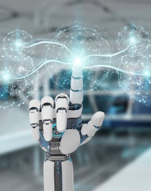 Beyaz insansı el dijital küresel ağ 3B oluşturmayı kullanarak arka plan bulanık üzerinde