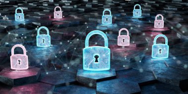 Siyah mavi ve pembe soyut asma kilit simgesine altıgenler arka plan 3d render