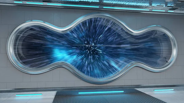 白色技术宇宙飞船圆形窗口内部跳跃到光速3D 渲染元素的这张图片由 Nasa — 图库照片