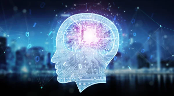 Τεχνητή Νοημοσύνη Ψηφιακό Εγκέφαλο Στην Πόλη Μπλε Φόντο Rendering — Φωτογραφία Αρχείου