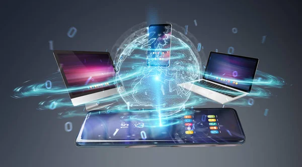 Modern Devices Connected Each Other Grey Background Rendering — Stock Photo, Image