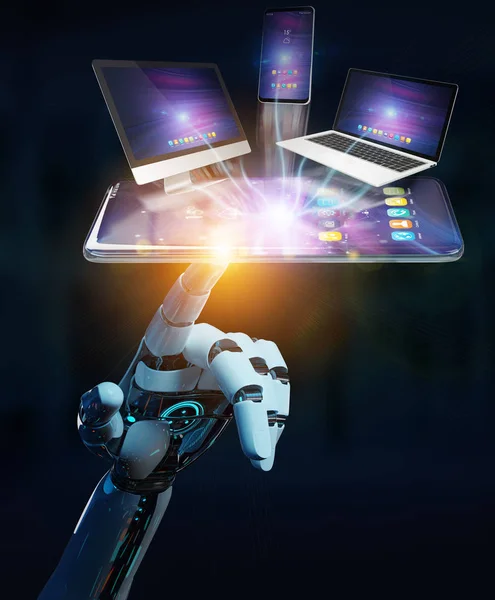 Modern devices connected to each other in robot hand 3D rendering