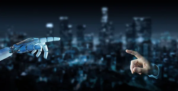 White cyborg finger about to touch human finger on city background 3D rendering