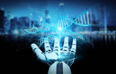 Beyaz cyborg el insan DNA'sı 3d render tarama bulanık arka plan üzerinde