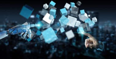 Beyaz cyborg el bulanık arka plan mavi dijital küp yapısını 3d işleme kullanarak