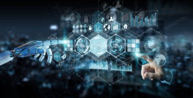 Beyaz cyborg el dijital veriler arabirimi 3d rendering kullanarak arka plan bulanık üzerinde