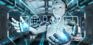 İnce çizgi iletişim simgesini kullanarak arka plan bulanık üzerinde beyaz cyborg