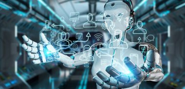 Sosyal ağ simgeleri arabirimi denetleme bulanık arka plan üzerinde beyaz robot