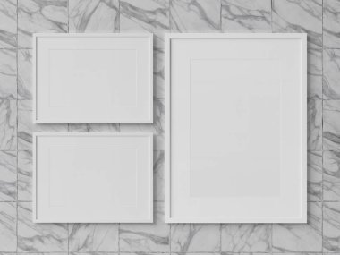 Mockup 3d render mermer bir duvarda asılı beyaz dikdörtgen çerçeve