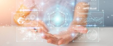 İşadamı hologramlar veriler 3d render ile dijital ekranlar arabirimini kullanarak arka plan bulanık üzerinde