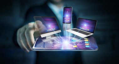 Modern cihazlarla 3d render işadamı elinde birbirine bağlı