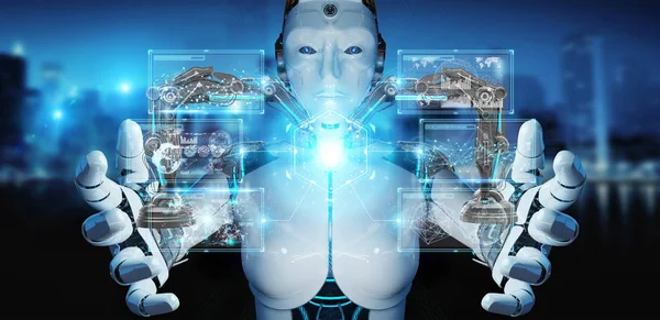 在模糊背景下使用机器人手臂与数字屏幕3D 渲染的白女人机器人 — 图库照片