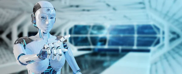 Bílá Žena Cyborg Ukazovat Prstem Kosmickou Loď Pozadí Vykreslování — Stock fotografie