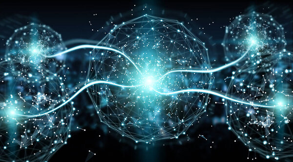 Интерфейс сферы цифрового подключения к сети на фоне синего города 3D рендеринг
