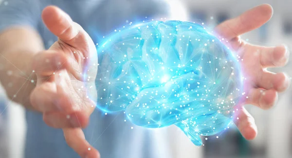 Biznesmen Niewyraźne Tło Pomocą Pomocą Cyfrowej Projekcji Ludzkiego Mózgu Renderowania — Zdjęcie stockowe