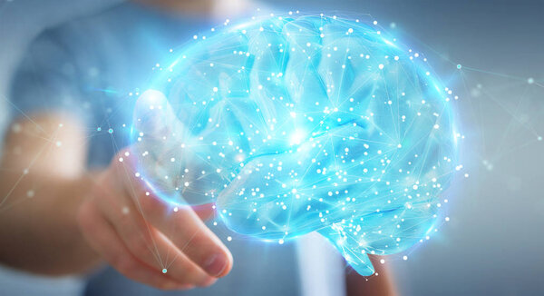 Businessman on blurred background using using digital 3D projection of a human brain 3D rendering