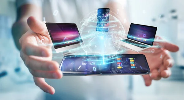 Modern devices connected to each other in businessman hand 3D rendering