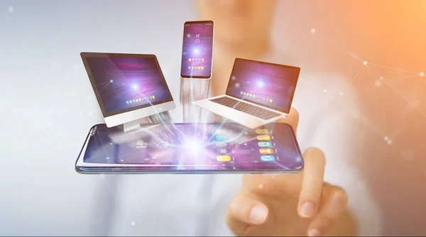 Modern Devices Connected Each Other Businesswoman Hand Rendering — Stock Photo, Image