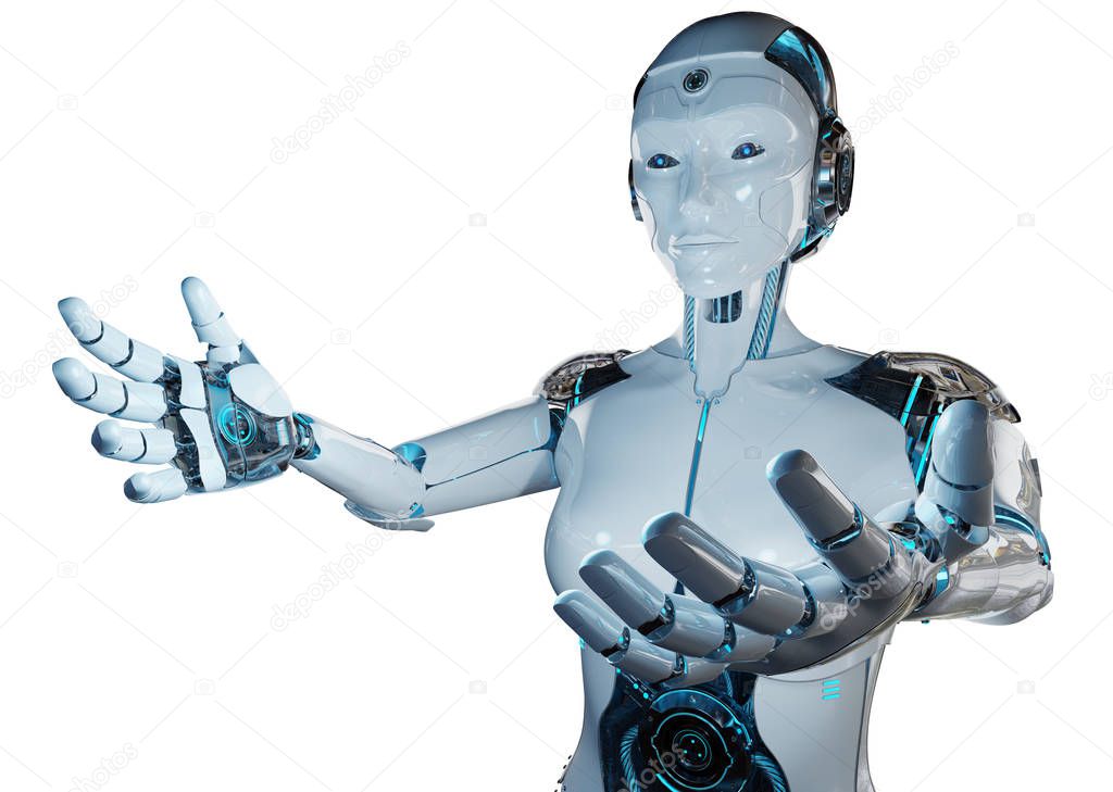 White woman cyborg opening her two hands isolated on white background 3D rendering