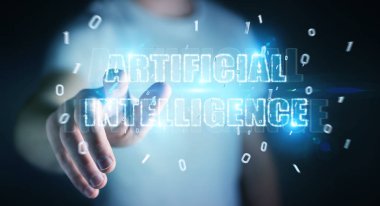 İşadamı dijital yapay zeka metin hologram 3B oluşturmayı kullanarak arka plan bulanık üzerinde