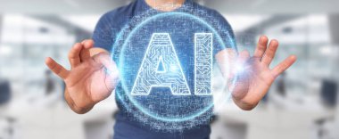 İşadamı dijital yapay zeka simgesi hologram 3B oluşturmayı kullanarak arka plan bulanık üzerinde