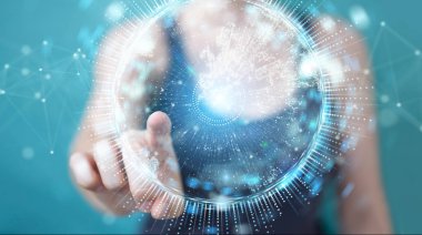 İşkadını üzerinde küre ağ hologram Avrupa ile harita 3B oluşturmayı kullanarak arka plan bulanık